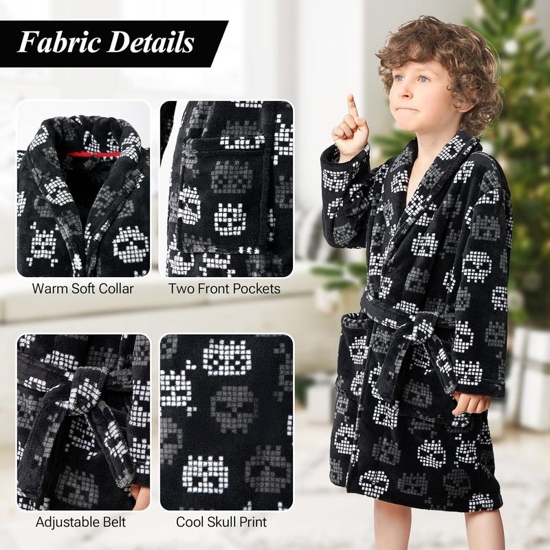 Leapsea Skull Print Boys Coral Fleece Bathrobe with Collar, Super Soft and Warm Pajama for Kid 7-16 Years - Image 2
